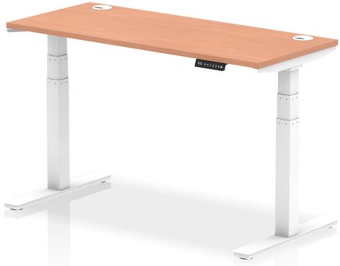 Office Monster | Air Air 1400 x 600mm Height Adjustable Desk Beech Top Cable Ports White Leg Air Air 1400 x 600mm Height Adjustable Desk Beech Top Cable Ports White Leg