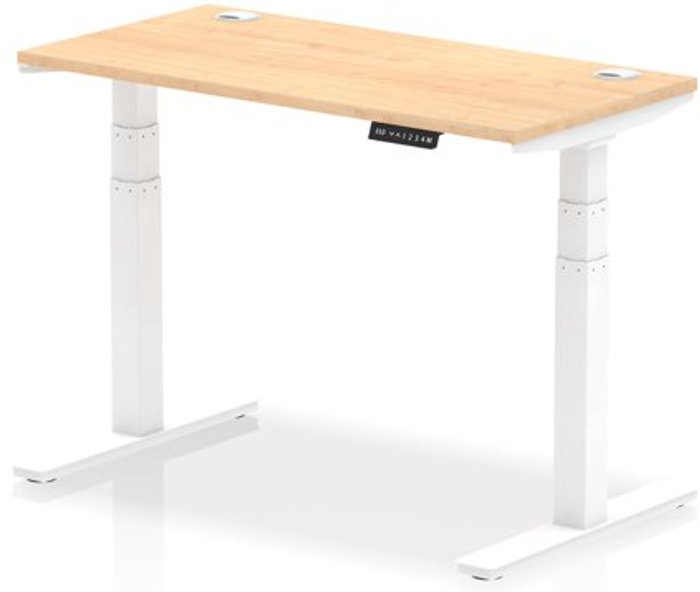 Office Monster | Air Air 1200 x 600mm Height Adjustable Desk Maple Top Cable Ports White Leg Air Air 1200 x 600mm Height Adjustable Desk Maple Top Cable Ports White Leg