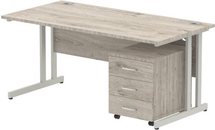 Office Monster | Impulse Impulse 1600 Straight Cantilever Silver Workstation With Three Drawer Mobile Pedestal Bundle Grey Oak Impulse Impulse 1600 Straight Cantilever Silver Workstation With Three Drawer Mobile Pedestal Bundle Grey Oak