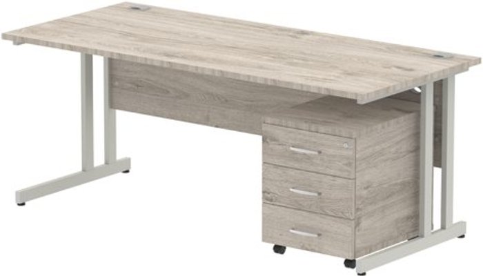 Office Monster | Impulse Impulse 1800 Straight Cantilever Silver Workstation With Three Drawer Mobile Pedestal Bundle Grey Oak Impulse Impulse 1800 Straight Cantilever Silver Workstation With Three Drawer Mobile Pedestal Bundle Grey Oak