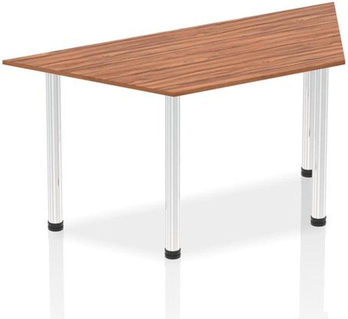 Office Monster | Impulse Impulse 1600mm Trapezium Walnut Top Chrome Post Leg Impulse Impulse 1600mm Trapezium Walnut Top Chrome Post Leg
