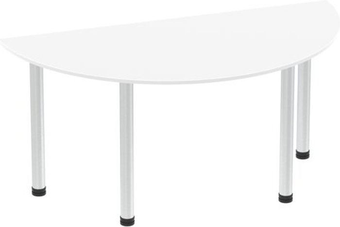 Office Monster | Impulse Impulse 1600mm Semi-Circle Table White Top Brushed Aluminium Post Leg Impulse Impulse 1600mm Semi-Circle Table White Top Brushed Aluminium Post Leg