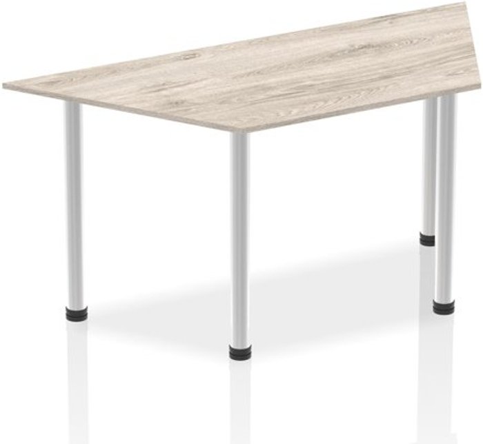 Office Monster | Impulse Impulse 1600mm Trapezium Grey Oak Top Brushed Aluminium Post Leg Impulse Impulse 1600mm Trapezium Grey Oak Top Brushed Aluminium Post Leg