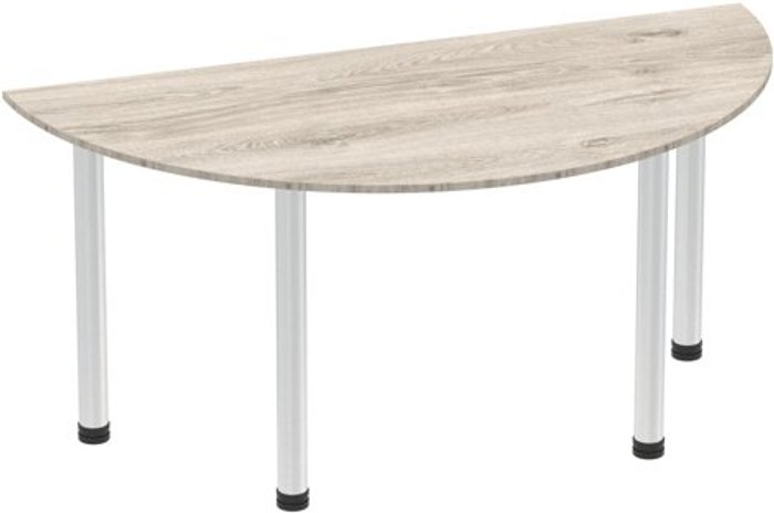 Office Monster | Impulse Impulse 1600mm Semi-Circle Table Grey Oak Top Brushed Aluminium Post Leg Impulse Impulse 1600mm Semi-Circle Table Grey Oak Top Brushed Aluminium Post Leg