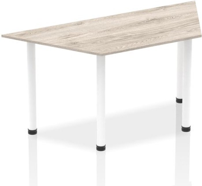 Office Monster | Impulse Impulse 1600mm Trapezium Grey Oak Top White Post Leg Impulse Impulse 1600mm Trapezium Grey Oak Top White Post Leg