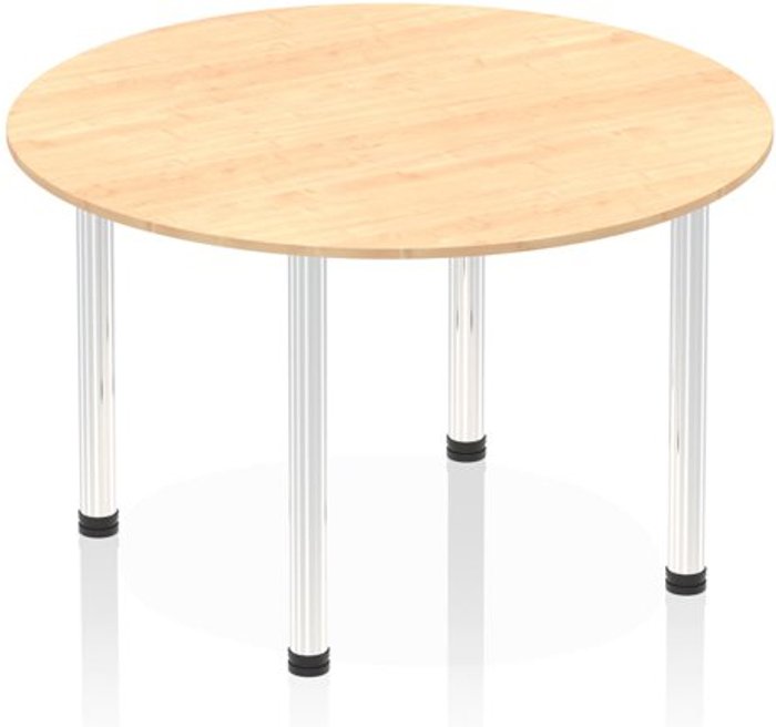 Office Monster | Impulse Impulse 1200mm Round Table Maple Top Chrome Post Leg Impulse Impulse 1200mm Round Table Maple Top Chrome Post Leg