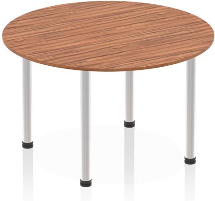 Office Monster | Impulse Impulse 1200mm Round Table Walnut Top Brushed Aluminium Post Leg Impulse Impulse 1200mm Round Table Walnut Top Brushed Aluminium Post Leg