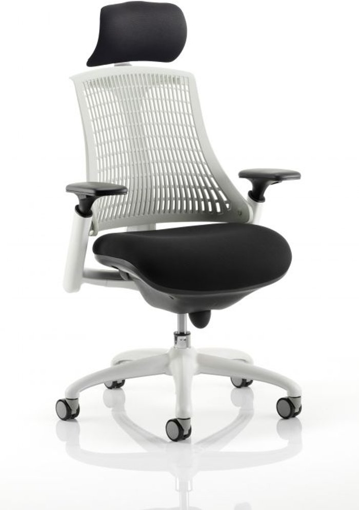 Office Monster | Flex Flex Task Operator Chair White Frame Black Fabric Seat With Moonstone White Back With Arms With Headrest Flex Flex Task Operator Chair White Frame Black Fabric Seat With Moonstone White Back With Arms With Headrest