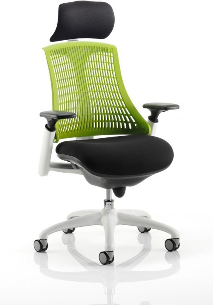Office Monster | Flex Flex Task Operator Chair White Frame Black Fabric Seat With Green Back With Arms With Headrest Flex Flex Task Operator Chair White Frame Black Fabric Seat With Green Back With Arms With Headrest