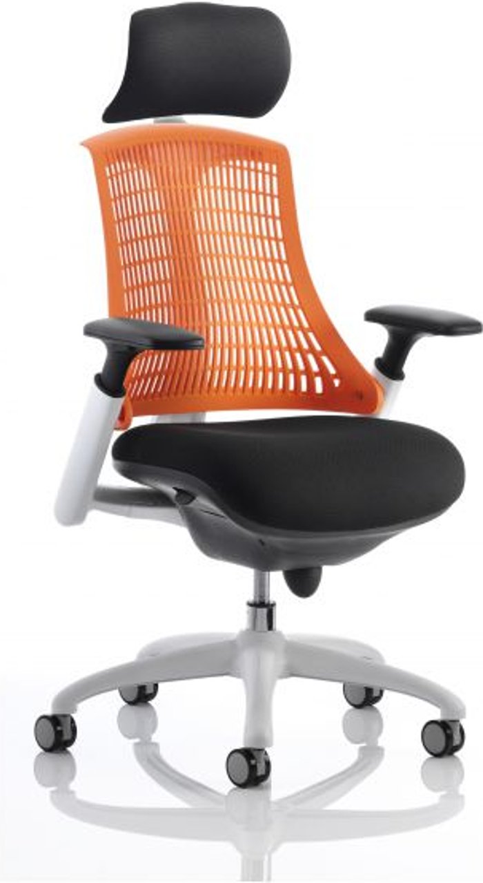 Office Monster | Flex Flex Task Operator Chair White Frame Black Fabric Back With Orange Back With Arms With Headrest Flex Flex Task Operator Chair White Frame Black Fabric Back With Orange Back With Arms With Headrest
