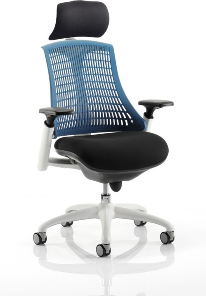 Office Monster | Flex Flex Task Operator Chair White Frame Black Fabric Seat With Blue Back With Arms With Headrest Flex Flex Task Operator Chair White Frame Black Fabric Seat With Blue Back With Arms With Headrest
