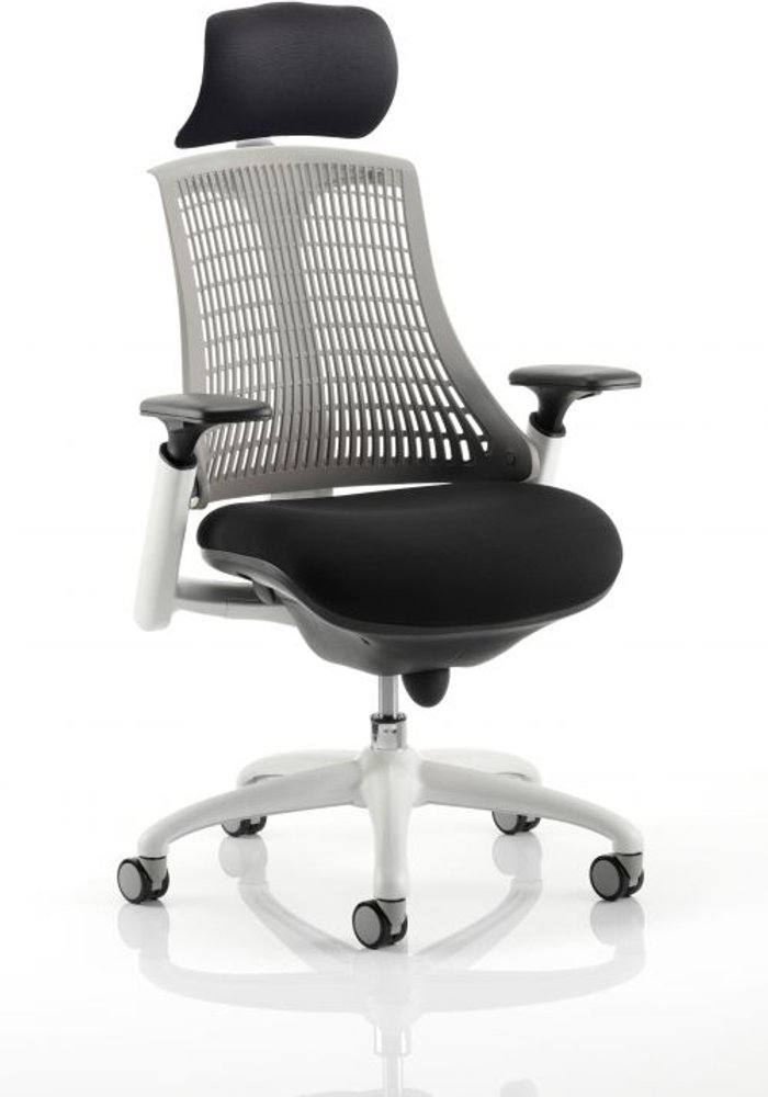 Office Monster | Flex Flex Task Operator Chair White Frame Black Fabric Seat With Grey Back With Arms With Headrest Flex Flex Task Operator Chair White Frame Black Fabric Seat With Grey Back With Arms With Headrest