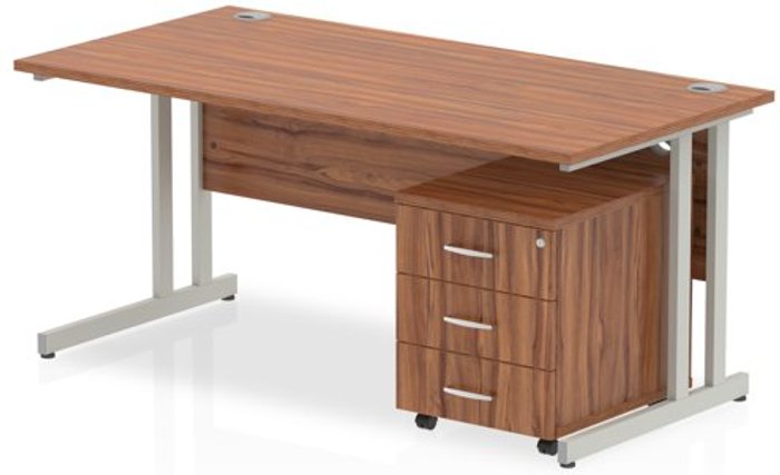 Office Monster | Impulse Impulse 1400 Straight Cantilever Workstation 500 Three drawer mobile Pedestal Bundle Walnut Impulse Impulse 1400 Straight Cantilever Workstation 500 Three drawer mobile Pedestal Bundle Walnut