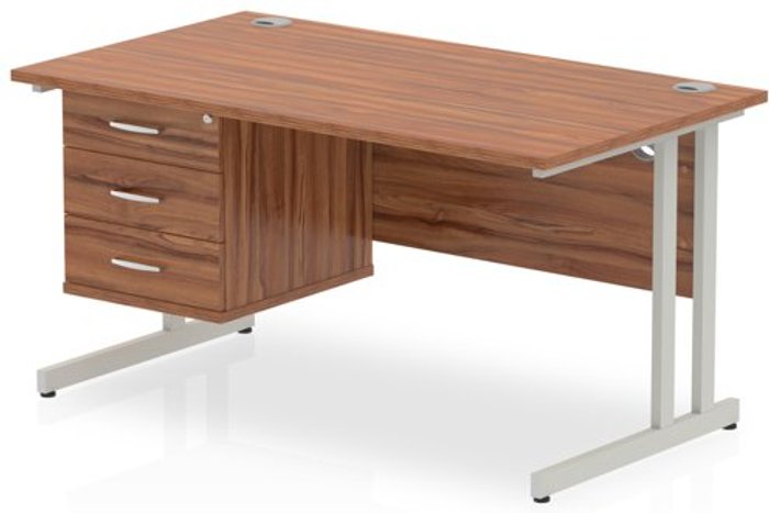 Office Monster | Impulse Impulse 1400 Rectangle Silver Cant Leg Desk WALNUT 1 x 3 Drawer Fixed Ped Impulse Impulse 1400 Rectangle Silver Cant Leg Desk WALNUT 1 x 3 Drawer Fixed Ped