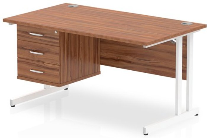 Office Monster | Impulse Impulse 1400 Rectangle White Cant Leg Desk WALNUT 1 x 3 Drawer Fixed Ped Impulse Impulse 1400 Rectangle White Cant Leg Desk WALNUT 1 x 3 Drawer Fixed Ped