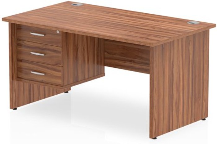Office Monster | Impulse Impulse 1400 Rectangle Panel End Leg Desk WALNUT 1 x 3 Drawer Fixed Ped Impulse Impulse 1400 Rectangle Panel End Leg Desk WALNUT 1 x 3 Drawer Fixed Ped