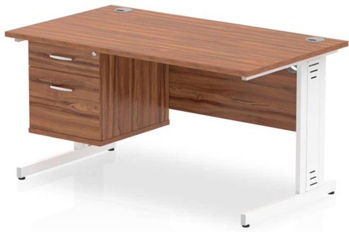 Office Monster | Impulse Impulse 1400 Rectangle White Cable Managed Leg Desk WALNUT 1 x 2 Drawer Fixed Ped Impulse Impulse 1400 Rectangle White Cable Managed Leg Desk WALNUT 1 x 2 Drawer Fixed Ped