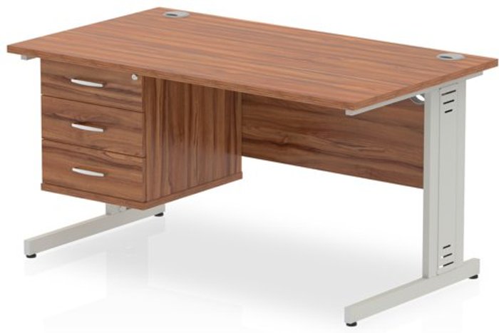 Office Monster | Impulse Impulse 1400 Rectangle Silver Cable Managed Leg Desk WALNUT 1 x 3 Drawer Fixed Ped Impulse Impulse 1400 Rectangle Silver Cable Managed Leg Desk WALNUT 1 x 3 Drawer Fixed Ped