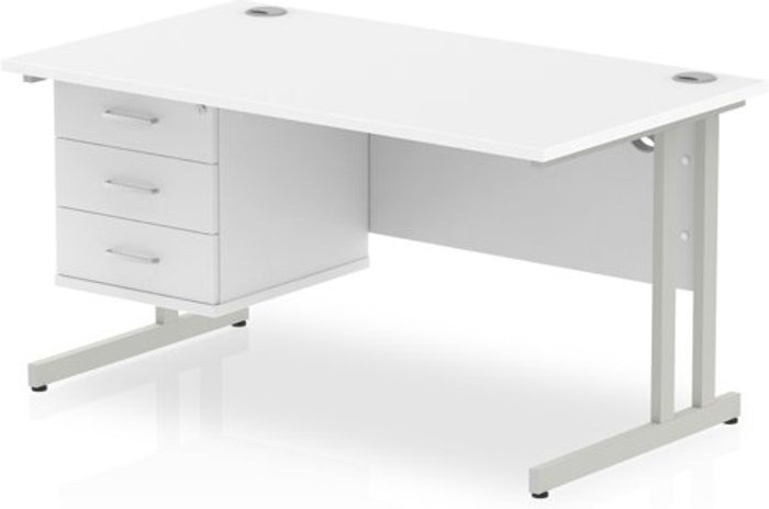 Office Monster | Impulse Impulse 1400 Rectangle Silver Cant Leg Desk WHITE 1 x 3 Drawer Fixed Ped Impulse Impulse 1400 Rectangle Silver Cant Leg Desk WHITE 1 x 3 Drawer Fixed Ped