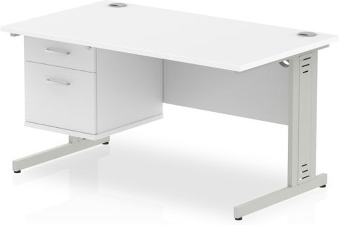 Office Monster | Impulse Impulse 1400 Rectangle Silver Cable Managed Leg Desk WHITE 1 x 2 Drawer Fixed Ped Impulse Impulse 1400 Rectangle Silver Cable Managed Leg Desk WHITE 1 x 2 Drawer Fixed Ped