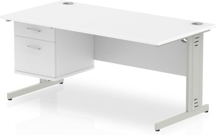 Office Monster | Impulse Impulse 1600 Rectangle Silver Cable Managed Leg Desk WHITE 1 x 2 Drawer Fixed Ped Impulse Impulse 1600 Rectangle Silver Cable Managed Leg Desk WHITE 1 x 2 Drawer Fixed Ped