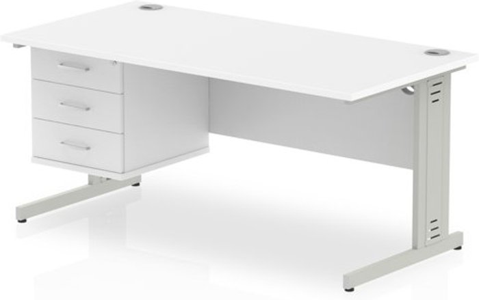 Office Monster | Impulse Impulse 1600 Rectangle Silver Cable Managed Leg Desk WHITE 1 x 3 Drawer Fixed Ped Impulse Impulse 1600 Rectangle Silver Cable Managed Leg Desk WHITE 1 x 3 Drawer Fixed Ped