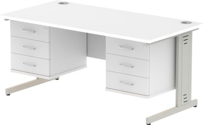 Office Monster | Impulse Impulse 1600 Rectangle Silver Cable Managed Leg Desk WHITE 2 x 3 Drawer Fixed Ped Impulse Impulse 1600 Rectangle Silver Cable Managed Leg Desk WHITE 2 x 3 Drawer Fixed Ped