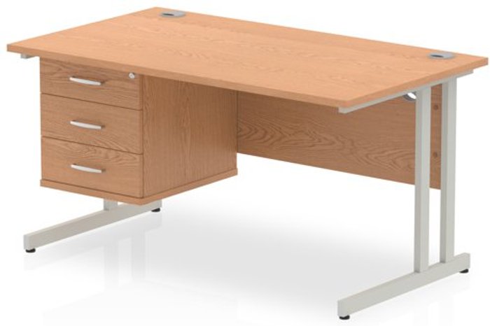 Office Monster | Impulse Impulse 1400 Rectangle Silver Cant Leg Desk OAK 1 x 3 Drawer Fixed Ped Impulse Impulse 1400 Rectangle Silver Cant Leg Desk OAK 1 x 3 Drawer Fixed Ped