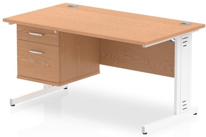 Office Monster | Impulse Impulse 1400 Rectangle White Cable Managed Leg Desk OAK 1 x 2 Drawer Fixed Ped Impulse Impulse 1400 Rectangle White Cable Managed Leg Desk OAK 1 x 2 Drawer Fixed Ped