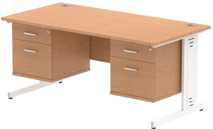 Office Monster | Impulse Impulse 1600 Rectangle White Cable Managed Leg Desk OAK 2 x 2 Drawer Fixed Ped Impulse Impulse 1600 Rectangle White Cable Managed Leg Desk OAK 2 x 2 Drawer Fixed Ped