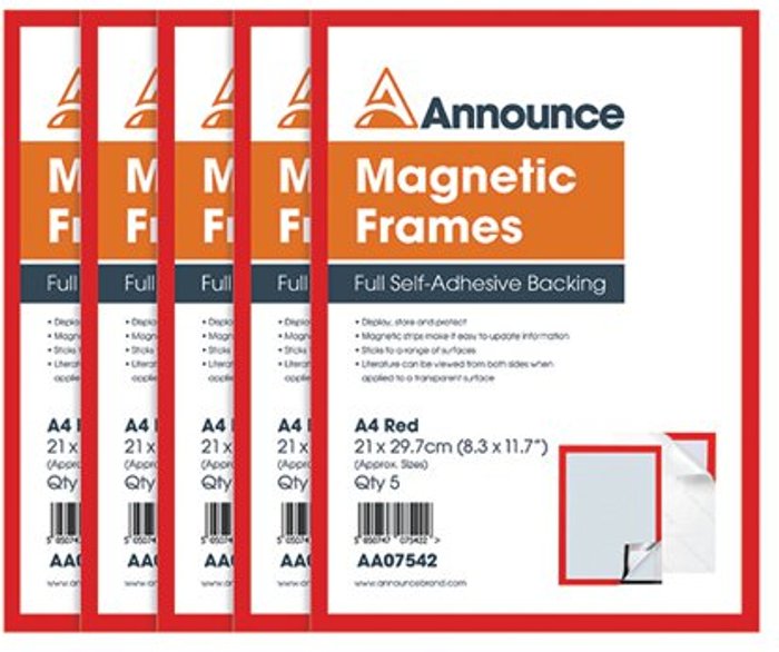 Office Monster | Announce Announce Magnetic Frames A4 Red (Pack of 5) AA07542 Announce Announce Magnetic Frames A4 Red (Pack of 5) AA07542