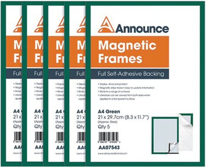 Office Monster | Announce Announce Magnetic Frames A4 Green (Pack of 5) AA07543 Announce Announce Magnetic Frames A4 Green (Pack of 5) AA07543