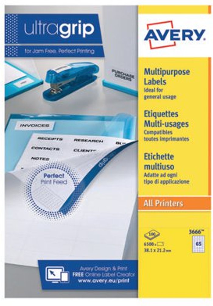 Office Monster | Avery Avery Ultragrip Multi Labels 38.1x21.2mm 65 Per Sheet White (Pack of 6500) 3666 Avery Avery Ultragrip Multi Labels 38.1x21.2mm 65 Per Sheet White (Pack of 6500) 3666