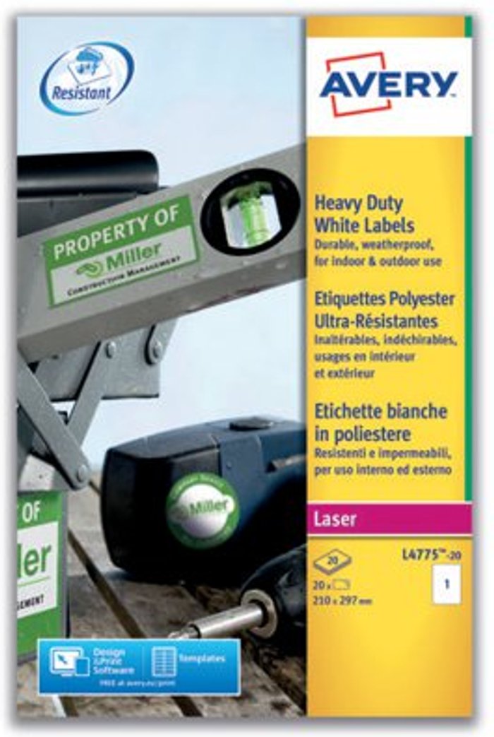 Office Monster | Avery Avery Laser Label Heavy Duty 1 Per Sheet White (Pack of 20) L4775-20 Avery Avery Laser Label Heavy Duty 1 Per Sheet White (Pack of 20) L4775-20