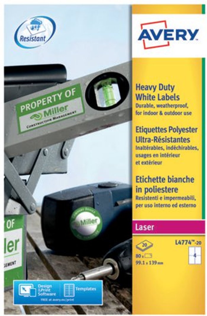 Office Monster | Avery Avery Laser Label Heavy Duty 4 Per Sheet White (Pack of 80) L4774-20 Avery Avery Laser Label Heavy Duty 4 Per Sheet White (Pack of 80) L4774-20