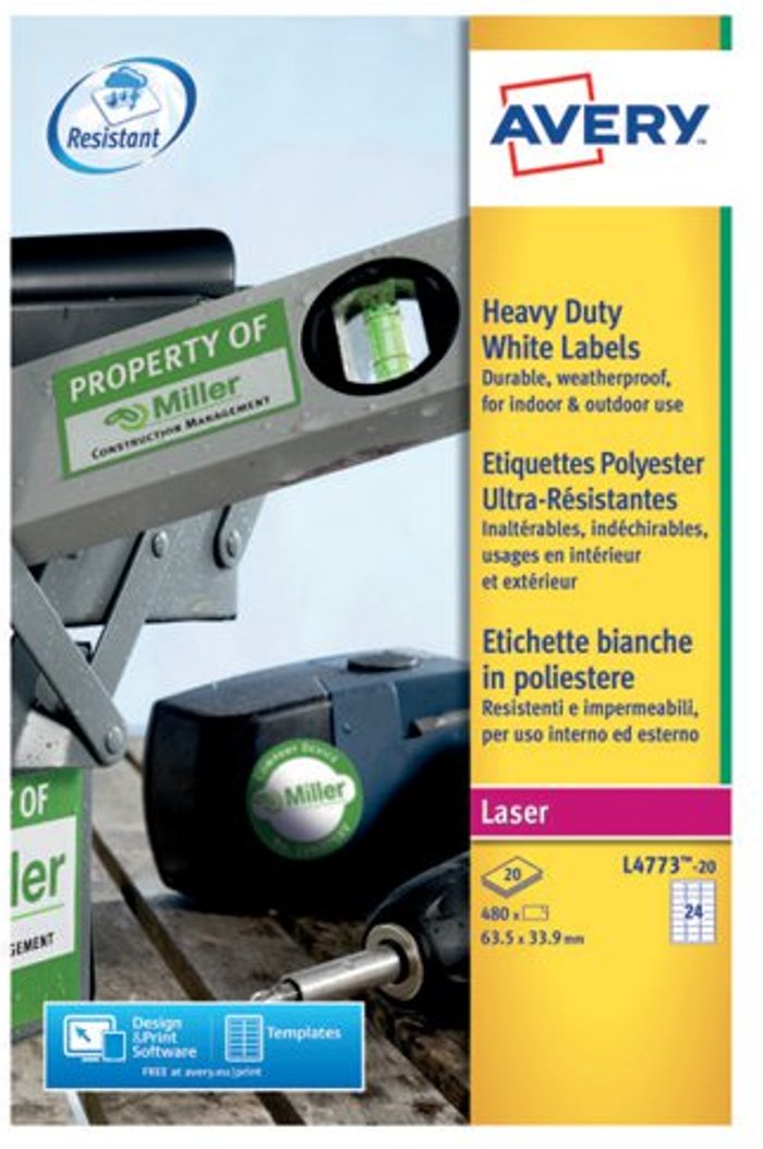 Office Monster | Avery Avery Laser Label Heavy Duty 24 Per Sheet White (Pack of 480) L4773-20 Avery Avery Laser Label Heavy Duty 24 Per Sheet White (Pack of 480) L4773-20