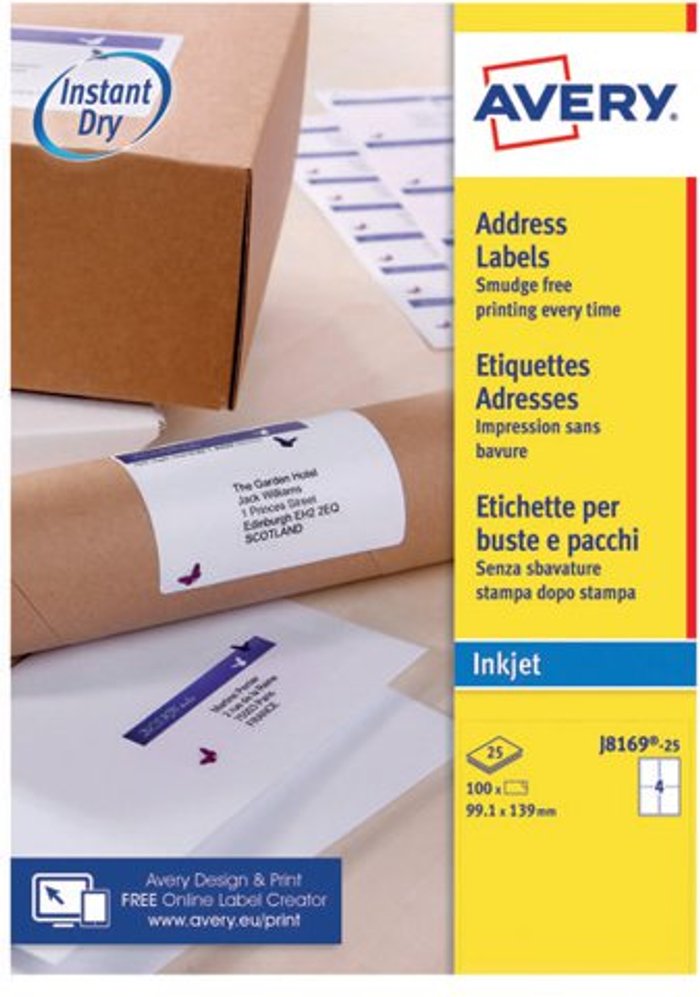 Office Monster | Avery Avery Inkjet Parcel Labels 4 Per Sheet White (Pack of 100) J8169-25 Avery Avery Inkjet Parcel Labels 4 Per Sheet White (Pack of 100) J8169-25