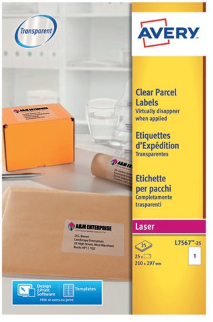 Office Monster | Avery Avery Laser Parcel Label 1 Per Sheet Clear (Pack of 25) L7567-25 Avery Avery Laser Parcel Label 1 Per Sheet Clear (Pack of 25) L7567-25