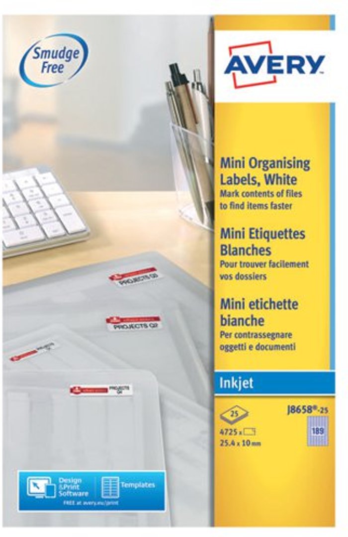 Office Monster | Avery Avery Inkjet Mini Labels 189 Per Sheet White (Pack of 4725) J8658-25 Avery Avery Inkjet Mini Labels 189 Per Sheet White (Pack of 4725) J8658-25