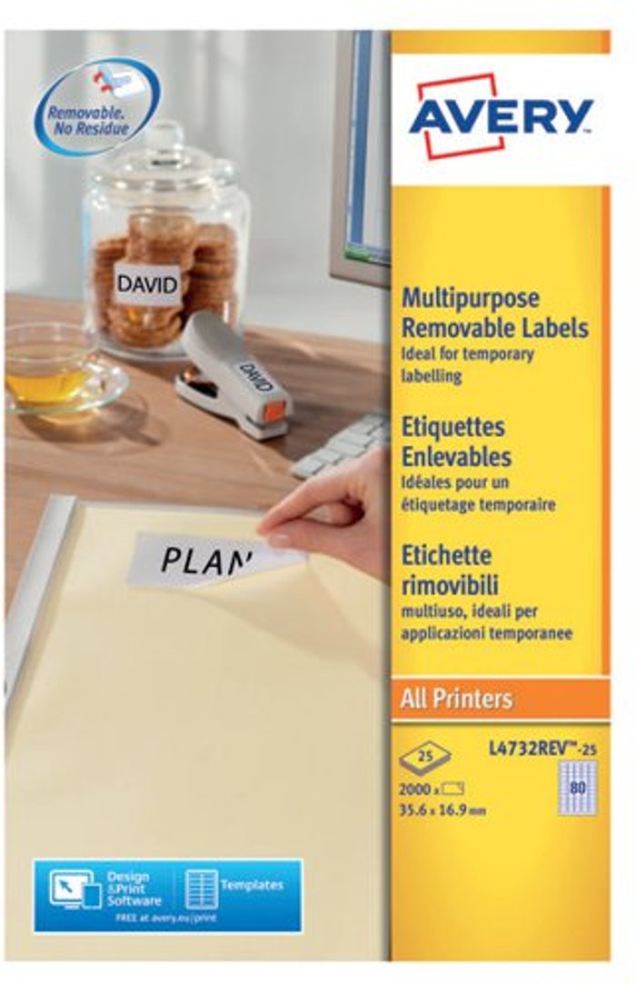 Office Monster | Avery Avery Removable Labels 80 Per Sheet White (Pack of 2000) L4732REV-25 Avery Avery Removable Labels 80 Per Sheet White (Pack of 2000) L4732REV-25