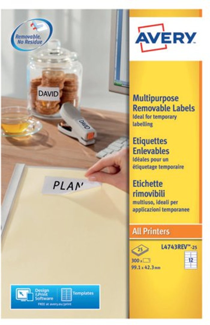Office Monster | Avery Avery Removable Labels 12 Per Sheet White (Pack of 300) L4743REV-25 Avery Avery Removable Labels 12 Per Sheet White (Pack of 300) L4743REV-25