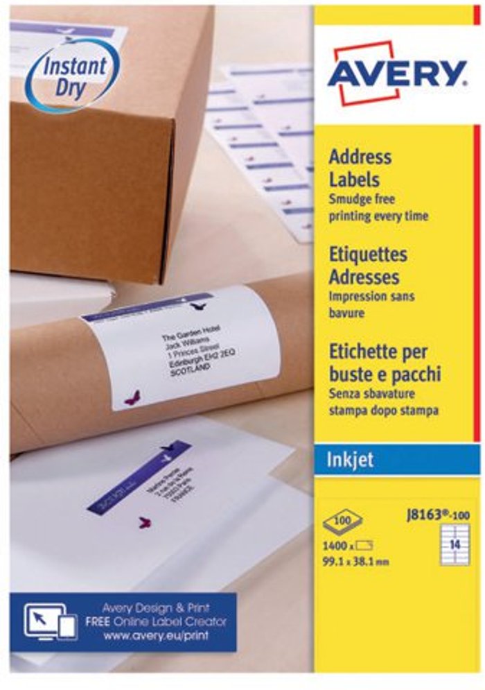 Office Monster | Avery Avery Inkjet Address Labels 14 Per Sheet Wht (Pack of 1400) J8163-100 Avery Avery Inkjet Address Labels 14 Per Sheet Wht (Pack of 1400) J8163-100