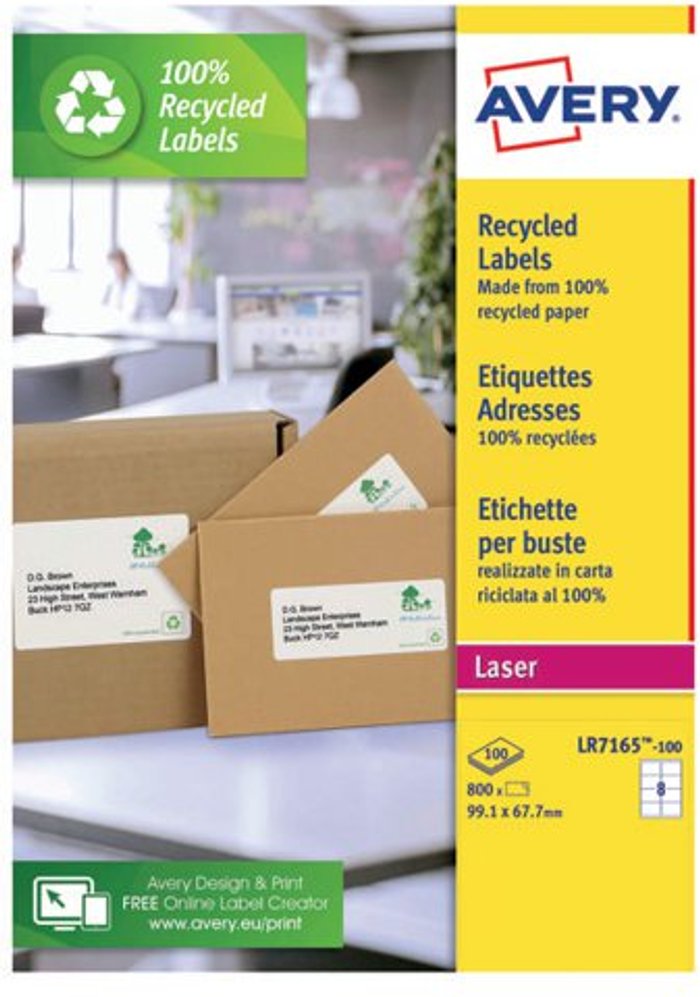 Office Monster | Avery Avery Laser Labels Recycled 8 Per Sheet White (Pack of 800) LR7165-100 Avery Avery Laser Labels Recycled 8 Per Sheet White (Pack of 800) LR7165-100