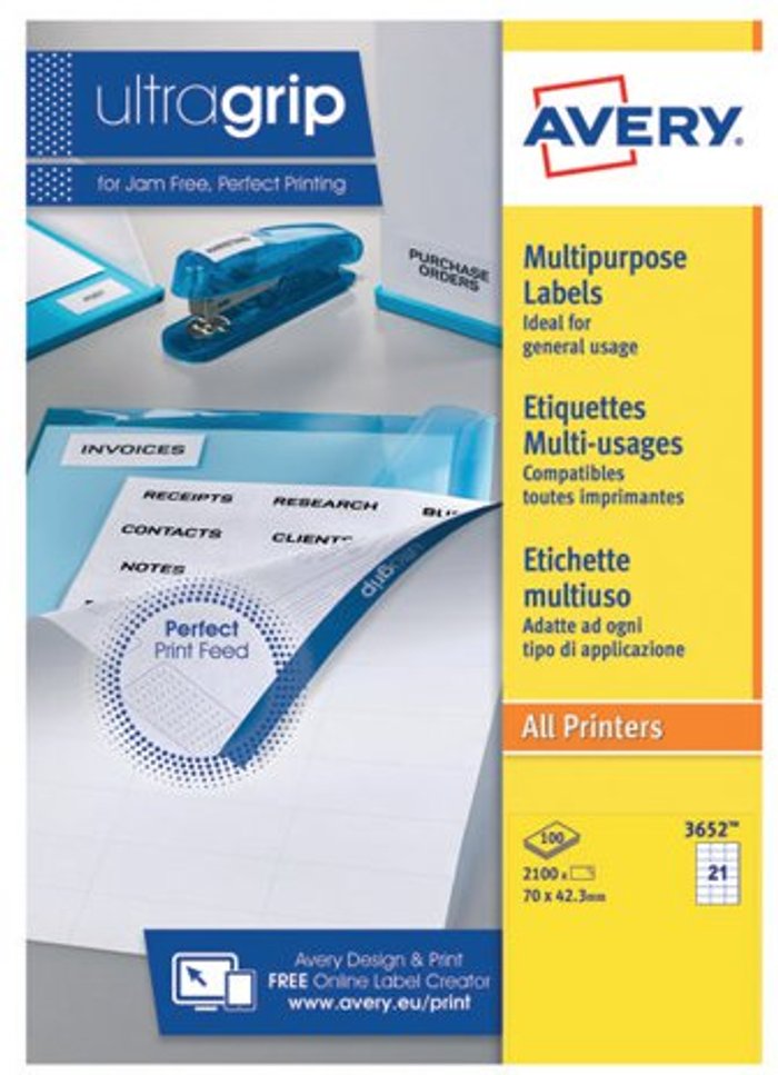 Office Monster | Avery Avery Ultragrip Multi Labels 70 x 42.3mm 21 Per Sheet White (Pack of 2100) 3652 Avery Avery Ultragrip Multi Labels 70 x 42.3mm 21 Per Sheet White (Pack of 2100) 3652