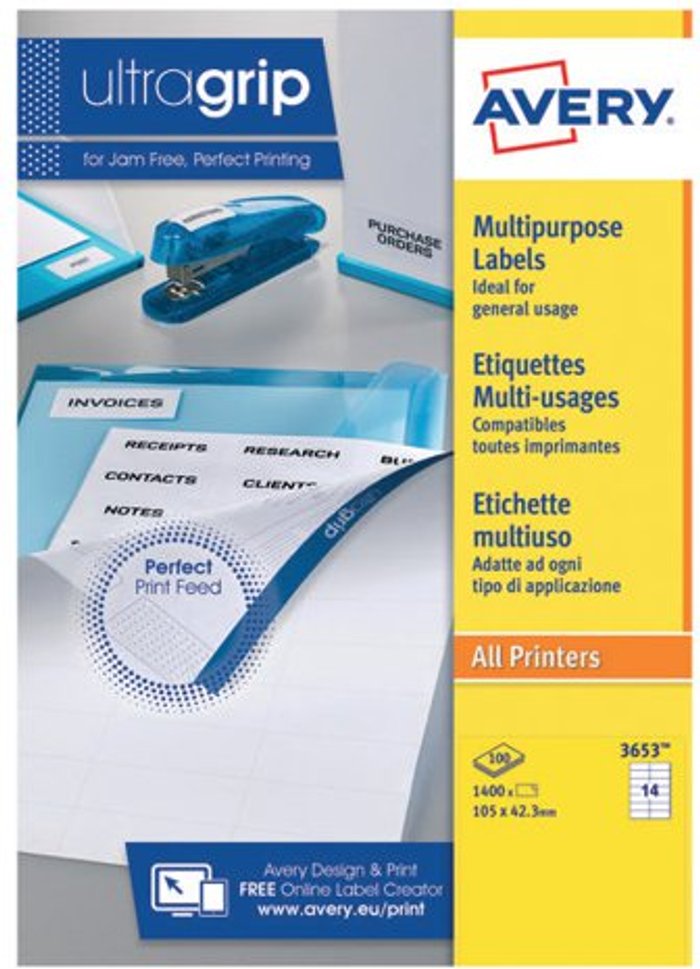 Office Monster | Avery Avery Ultragrip Multi Labels 105x42.3mm 14 Per Sheet White (Pack of 1400) 3653 Avery Avery Ultragrip Multi Labels 105x42.3mm 14 Per Sheet White (Pack of 1400) 3653