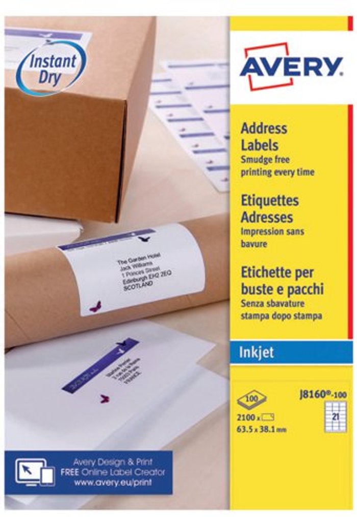 Office Monster | Avery Avery Inkj Label 63.5x38.1mm 21 Per Sheet Wht (Pack of 2100) J8160-100 Avery Avery Inkj Label 63.5x38.1mm 21 Per Sheet Wht (Pack of 2100) J8160-100