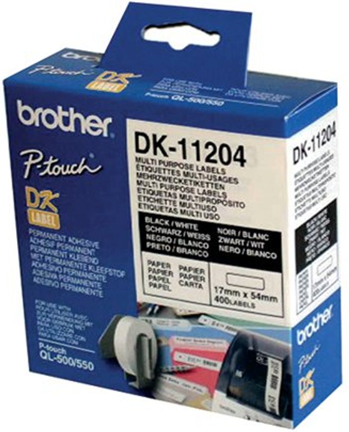 Office Monster | P-Touch Brother Black on White Paper Multi Purpose Labels (Pack of 400) DK11204 P-Touch Brother Black on White Paper Multi Purpose Labels (Pack of 400) DK11204