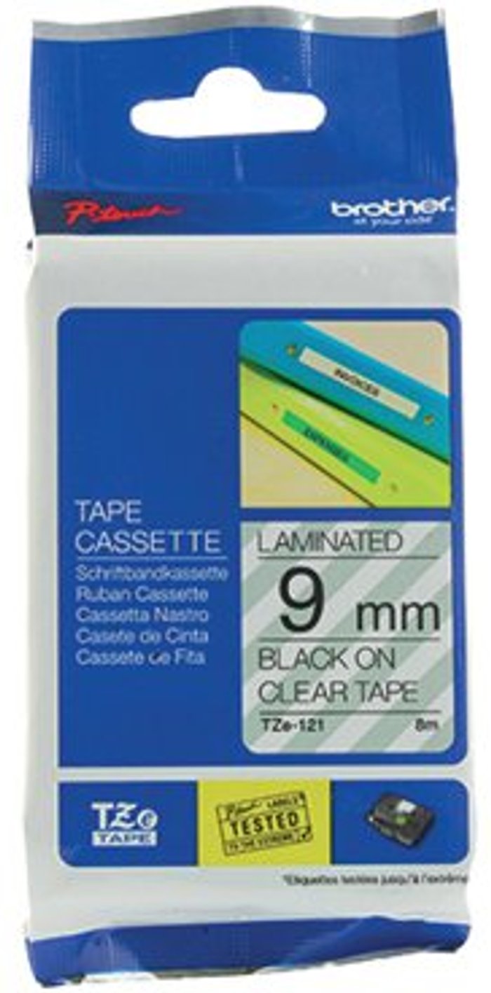 Office Monster | P-Touch Brother P-Touch 9mm Black on Clear TZE121 Labelling Tape TZE121 P-Touch Brother P-Touch 9mm Black on Clear TZE121 Labelling Tape TZE121