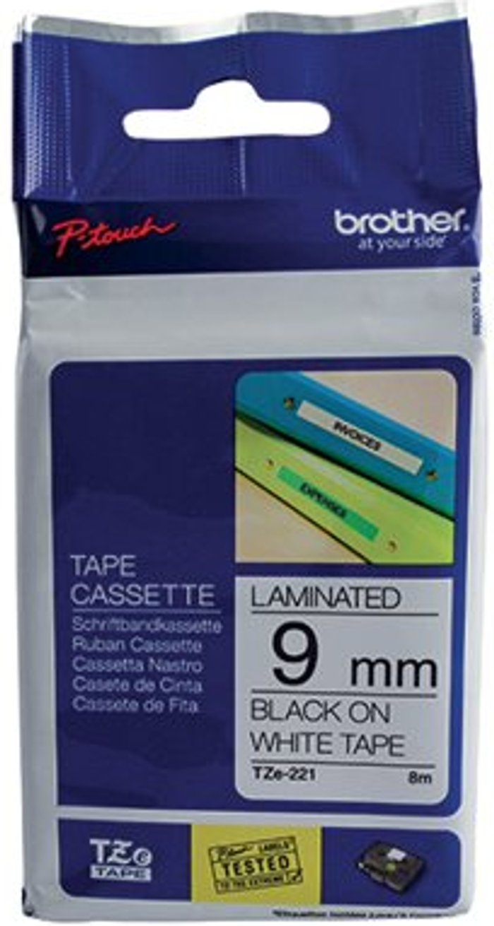 Office Monster | P-Touch Brother P-Touch 9mm Black on White TZE221 Labelling Tape TZE221 P-Touch Brother P-Touch 9mm Black on White TZE221 Labelling Tape TZE221