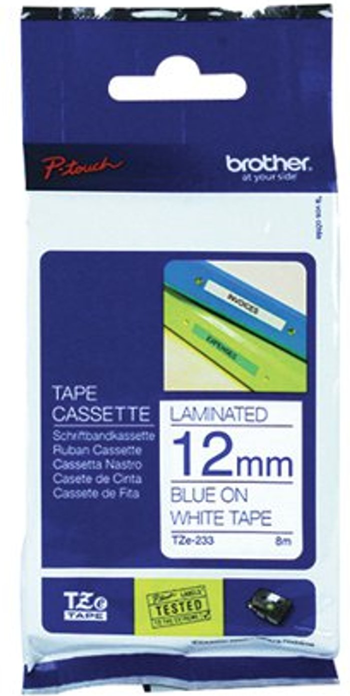 Office Monster | P-Touch Brother P-Touch 12mm Blue on White TZE233 Labelling Tape TZE233 P-Touch Brother P-Touch 12mm Blue on White TZE233 Labelling Tape TZE233